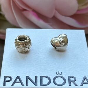 2 Pandora Silver Charms, Heart with CZ and Lotsa Love Charm